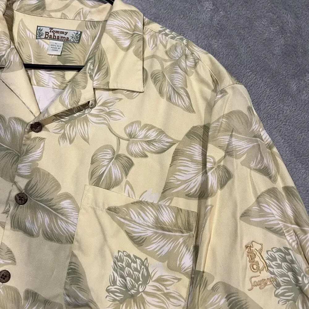 Tommy Bahama Shirt Mens Large Yellow Green Floral Silk Camp Hawaiian Pocket - Picture 4 of 7